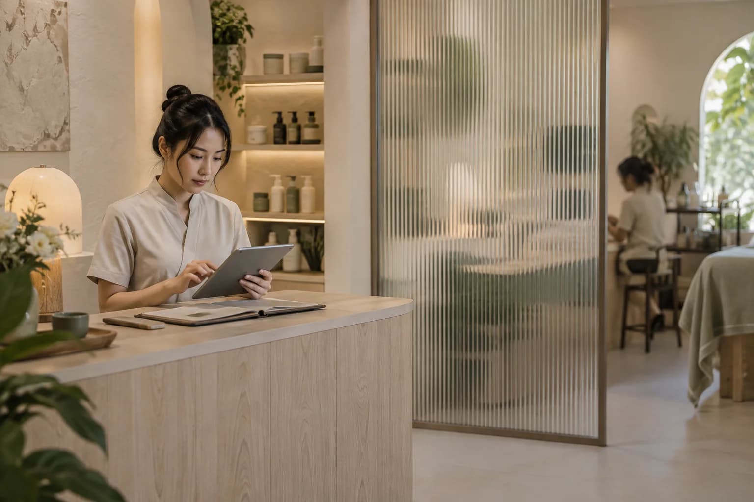 Chủ spa xem dữ liệu tại quầy riêng, ngăn cách với khu làm việc khác