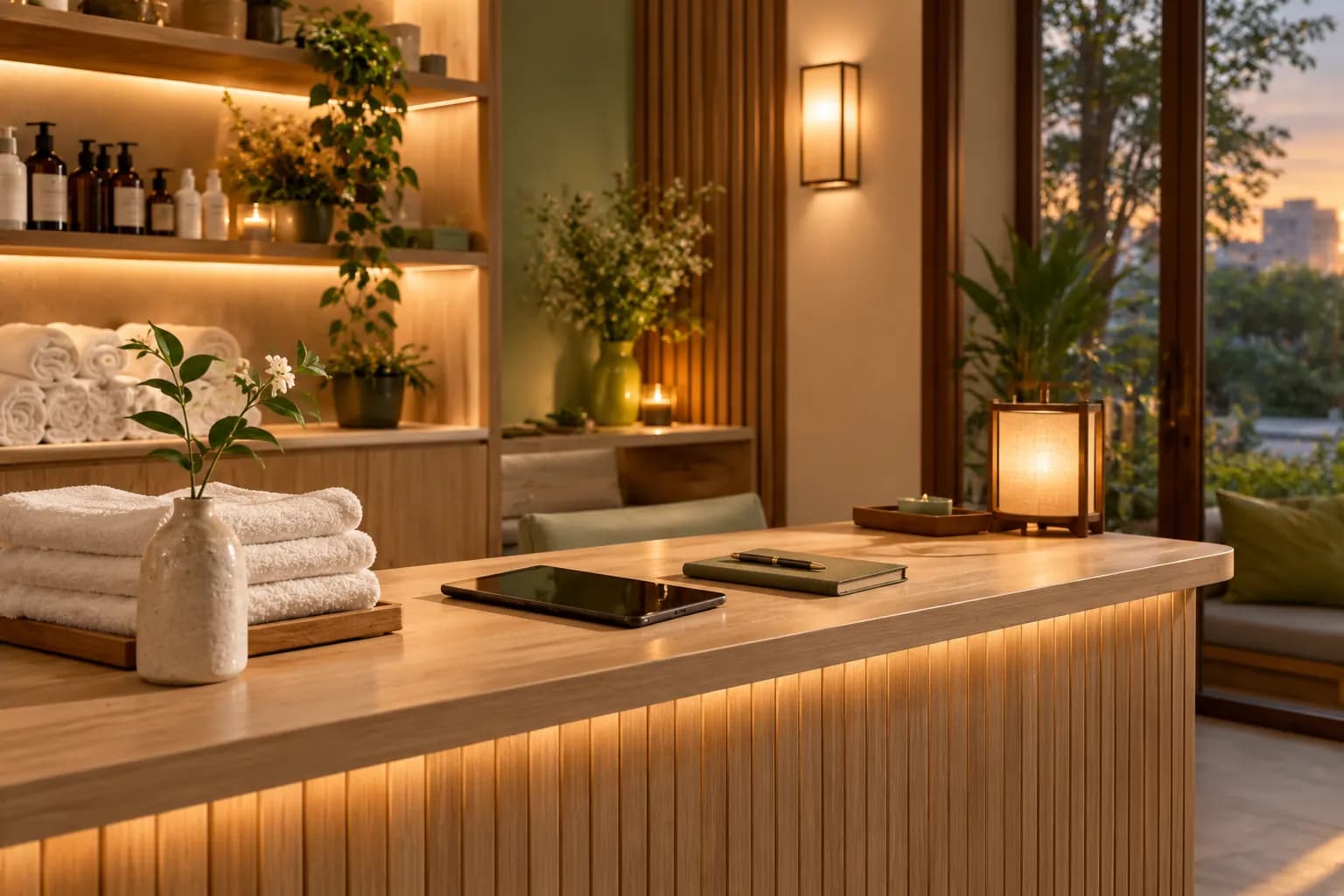 Quầy lễ tân spa lúc cuối ngày, đèn ấm và sổ hẹn đã gấp lại
