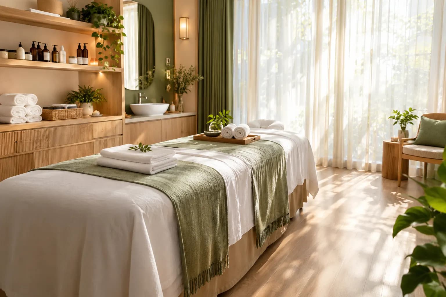 Phòng trị liệu spa đã dọn sẵn lúc mở cửa, nắng sớm qua rèm